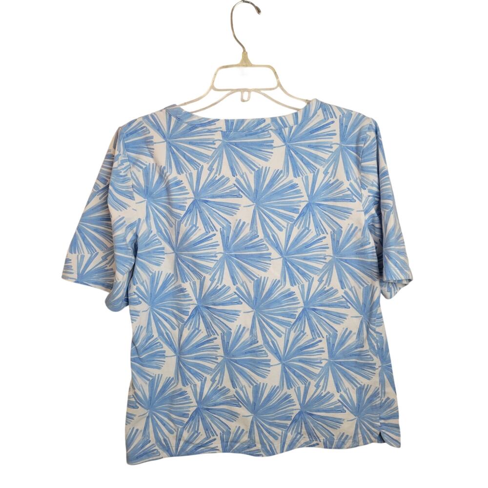 Talbots Art to Wear Top Blue White Palm Leaves Short Sleeve Women's Size Large - Picture 7 of 10